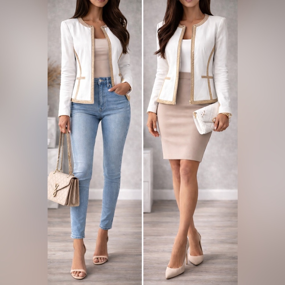 Michael Kors White Zip Front Jacket Size 2 Tan Suede Gold Trim Structured Blazer